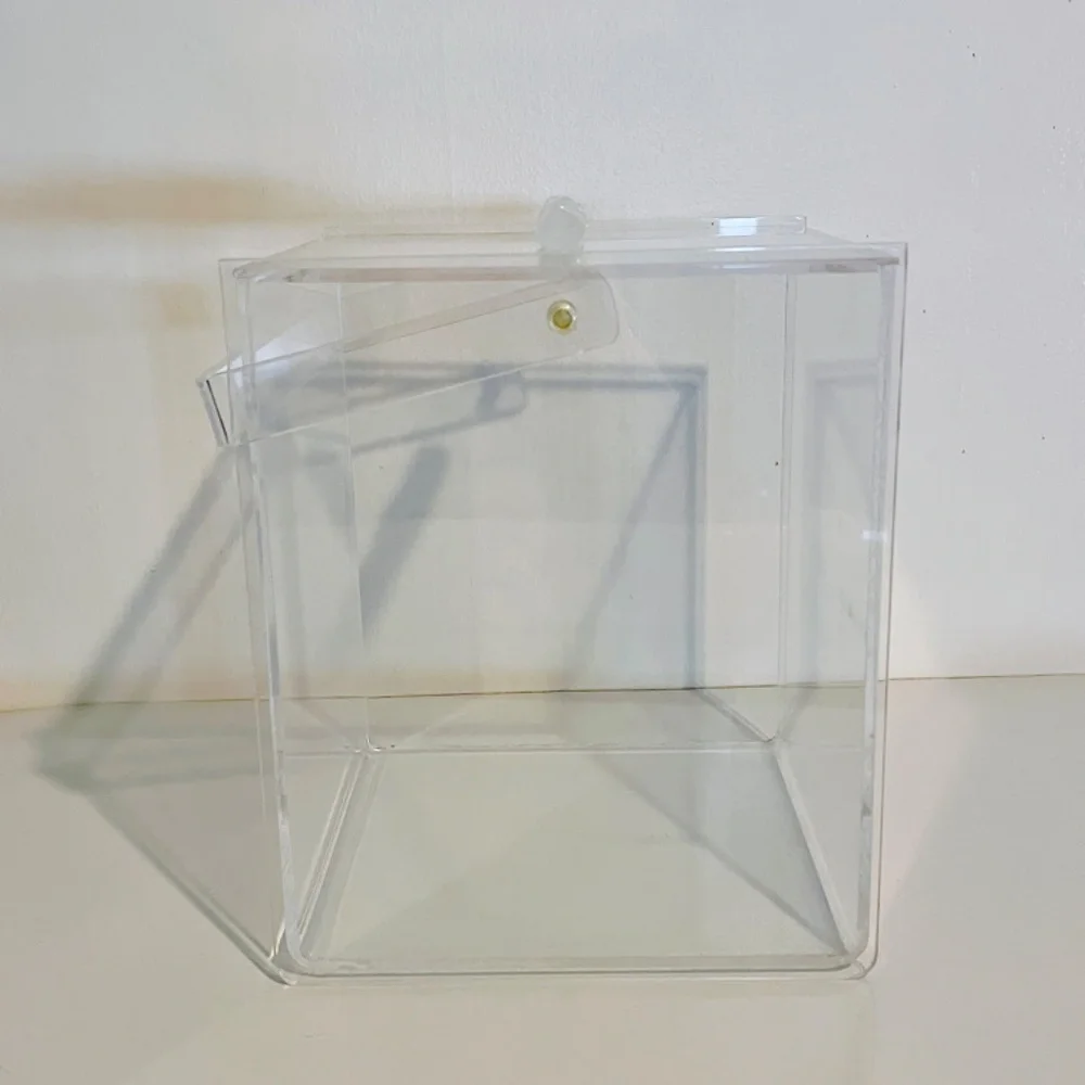 Clear Transparent Lucite Acrylic Rectangular Lidded Box with Handle Vintage MCM
